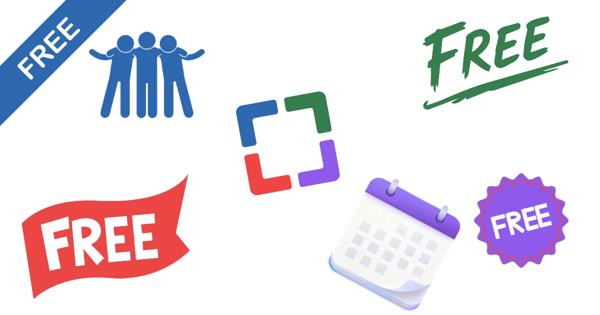 The SoKal logo surrounded by FREE labels in blue, green, red and purple, with a group of friends and a calendar icon.