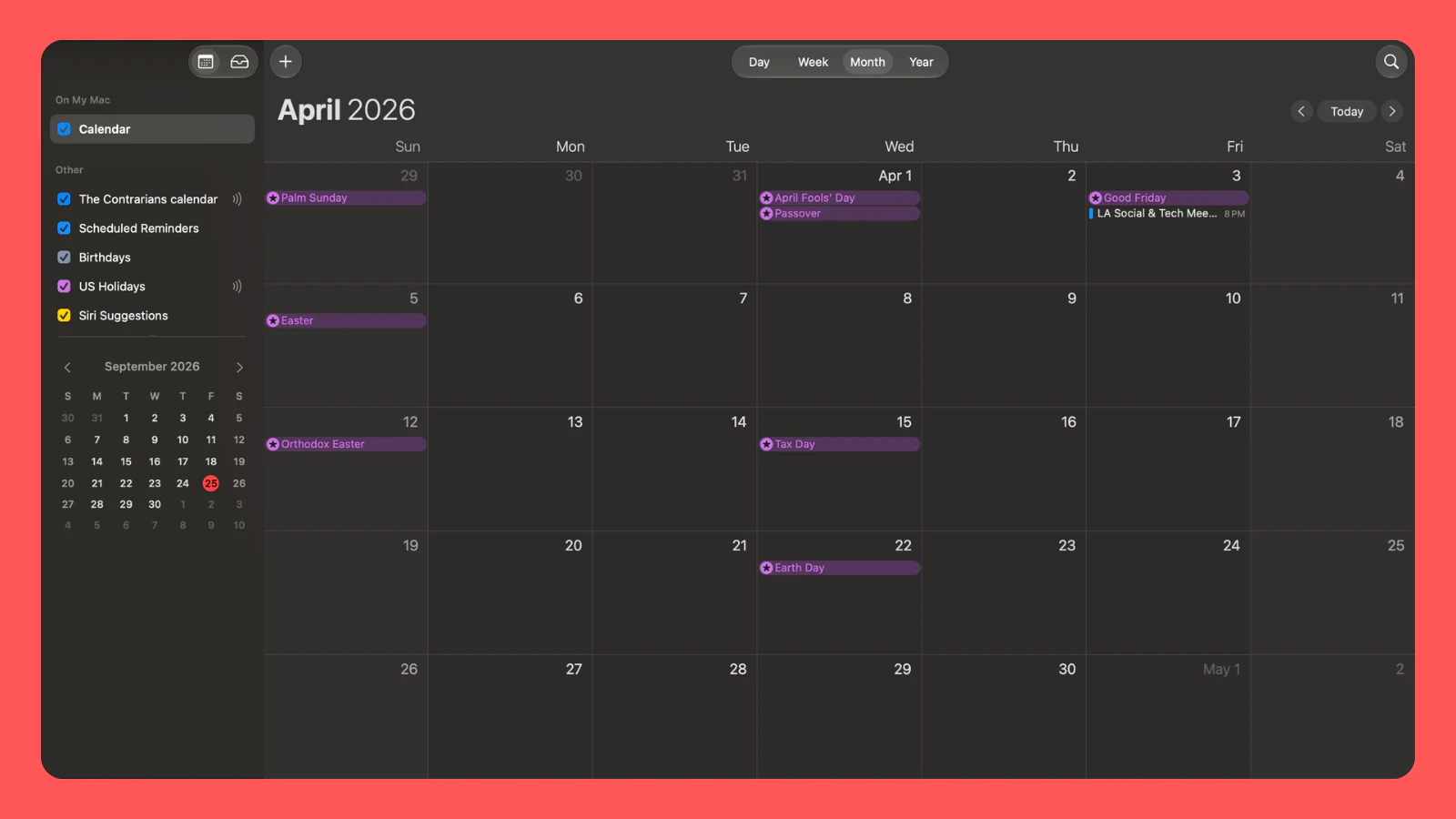 Apple Calendar on a Mac in dark mode showing an April month view, with subscribed calendars for birthdays, US holidays and Siri suggestions listed down the sidebar