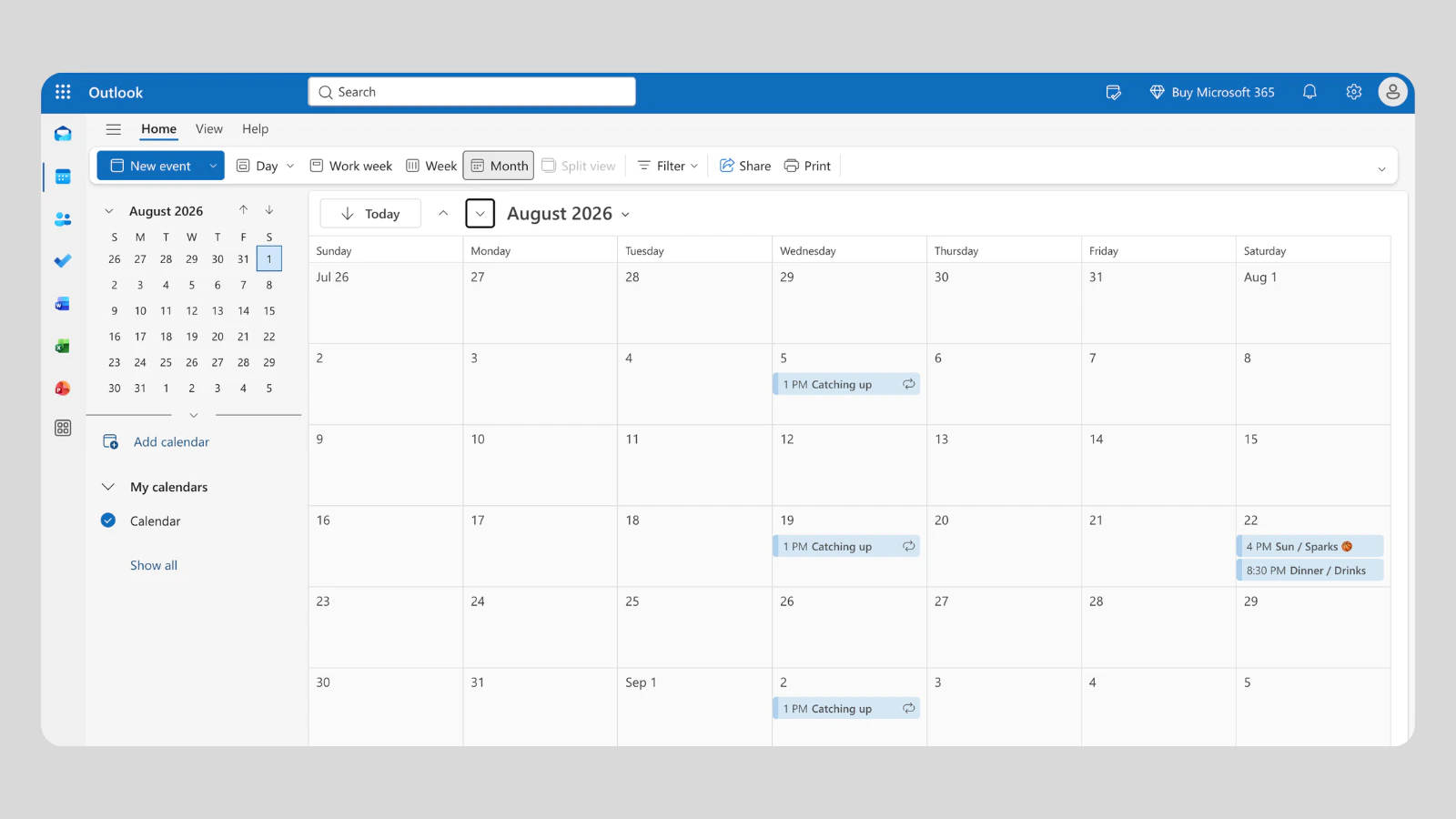 Outlook Calendar in a browser showing an August month view, with Share and Print buttons in the toolbar and My calendars listed in the sidebar