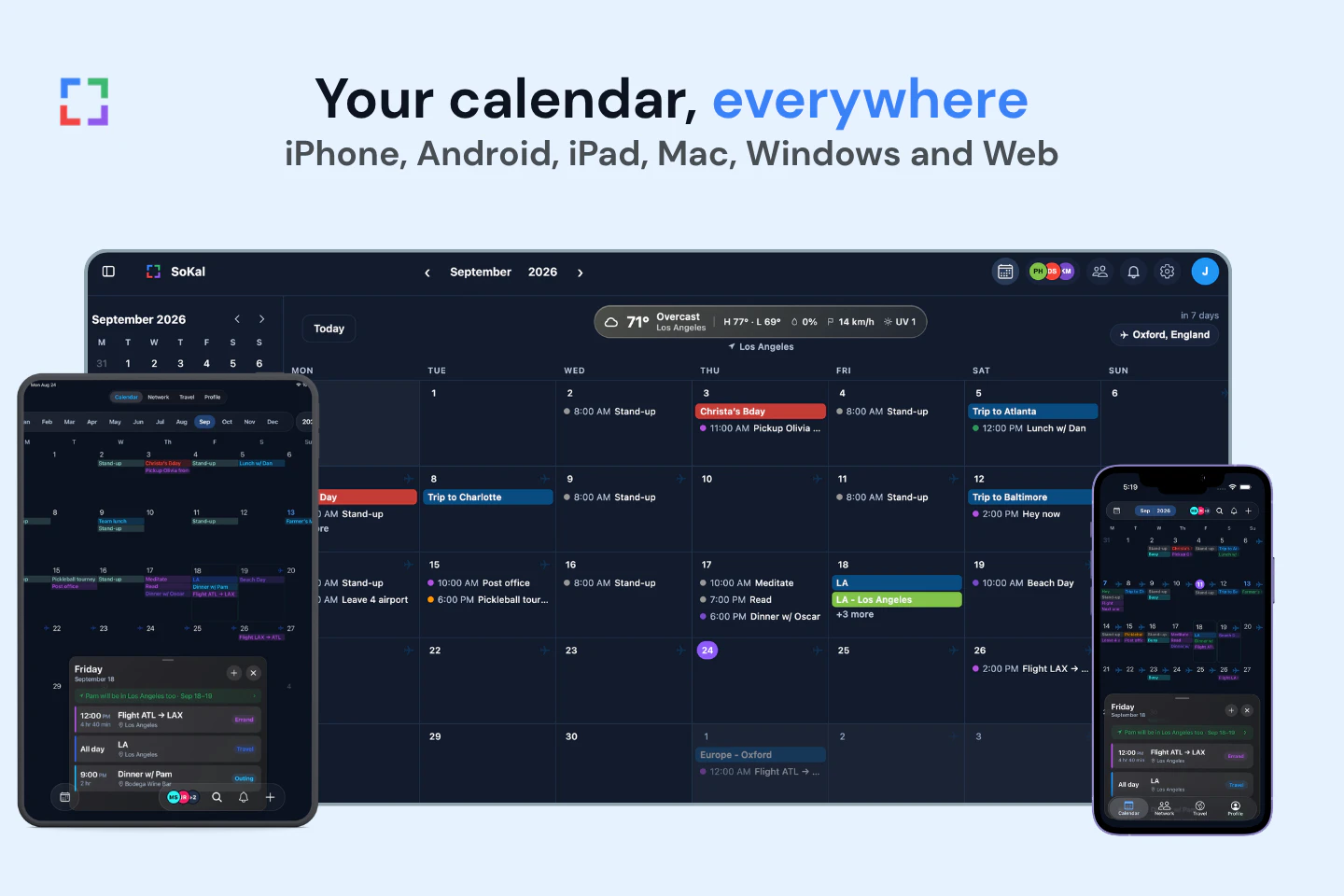 SoKal's shared calendar on a laptop, tablet and phone, showing friends' plans and upcoming trips alongside a month view.