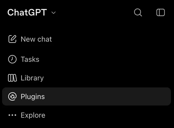 ChatGPT's left sidebar with Plugins highlighted, between Library and Explore.
