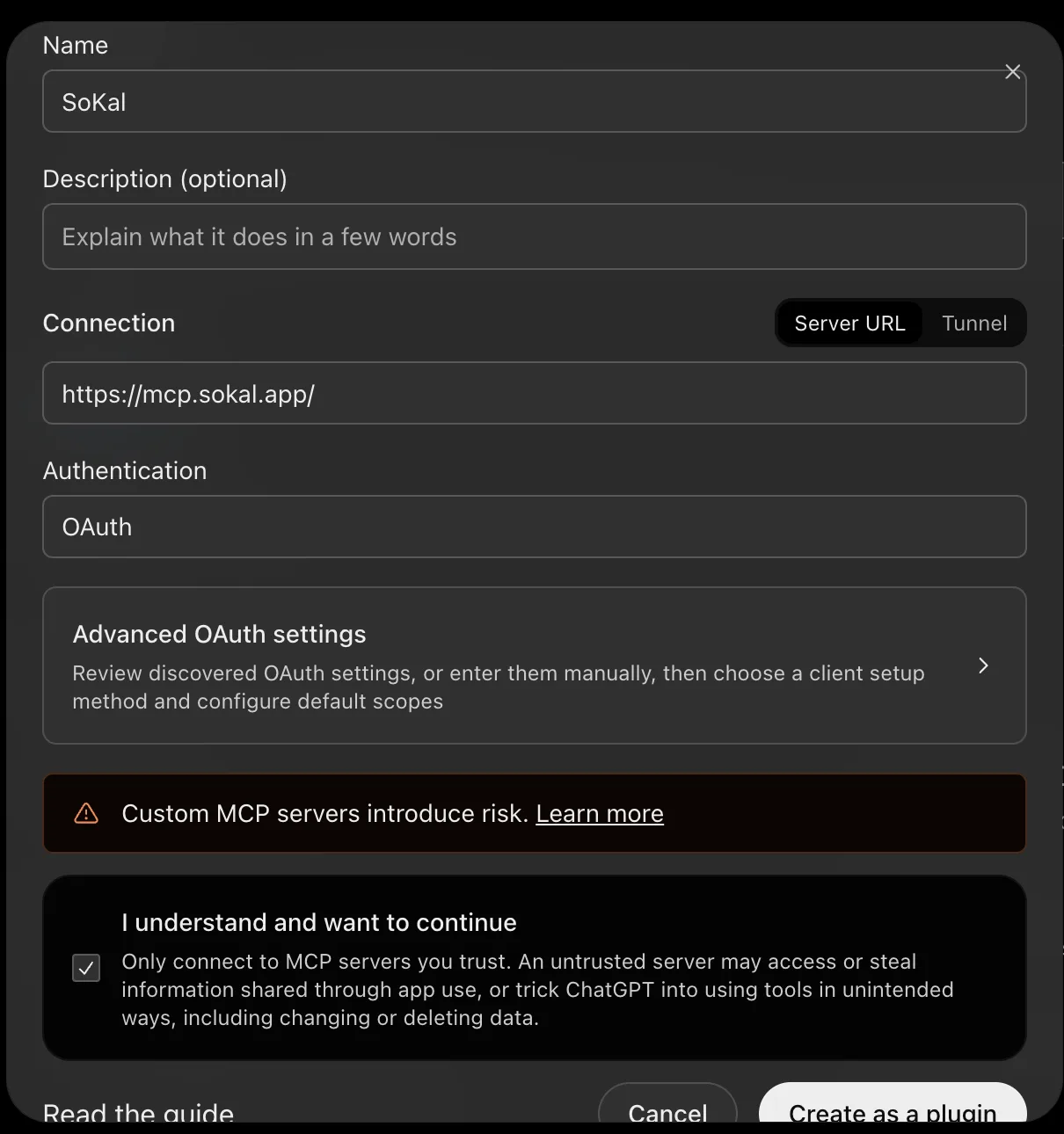 ChatGPT's custom MCP server form filled in: name SoKal, server URL https://mcp.sokal.app/, OAuth authentication, and I understand and want to continue ticked.