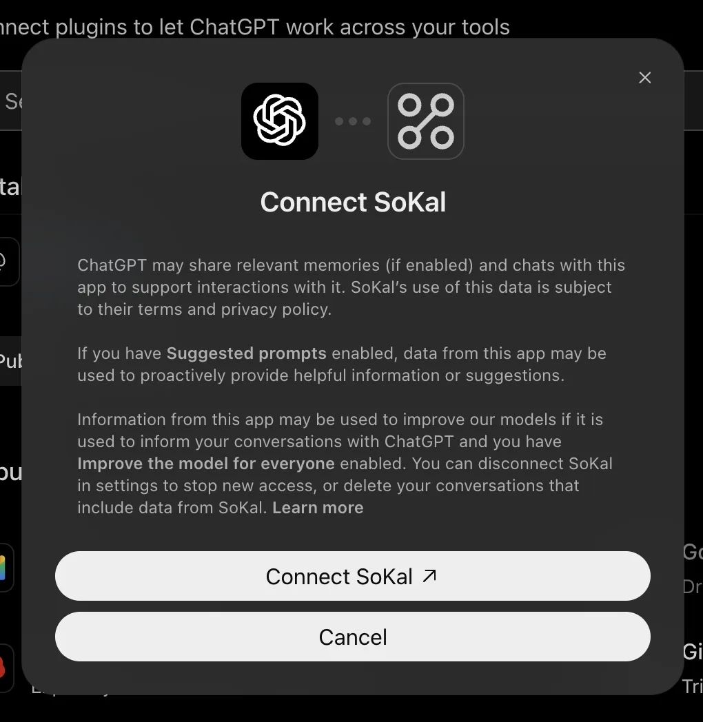 ChatGPT's Connect SoKal dialog, with the Connect SoKal button.