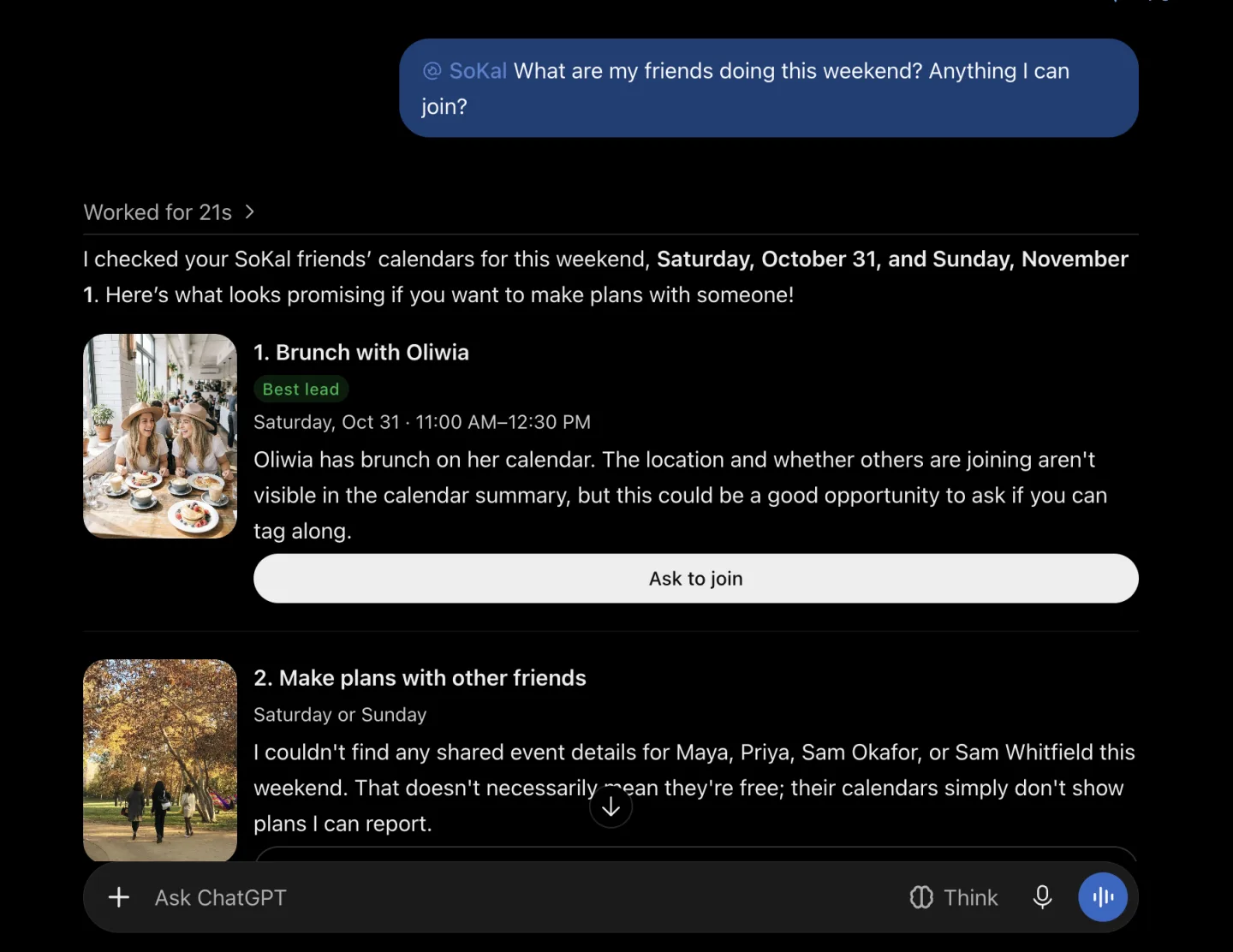 ChatGPT answering an @SoKal prompt about what friends are doing this weekend, with a friend's brunch it found on SoKal.